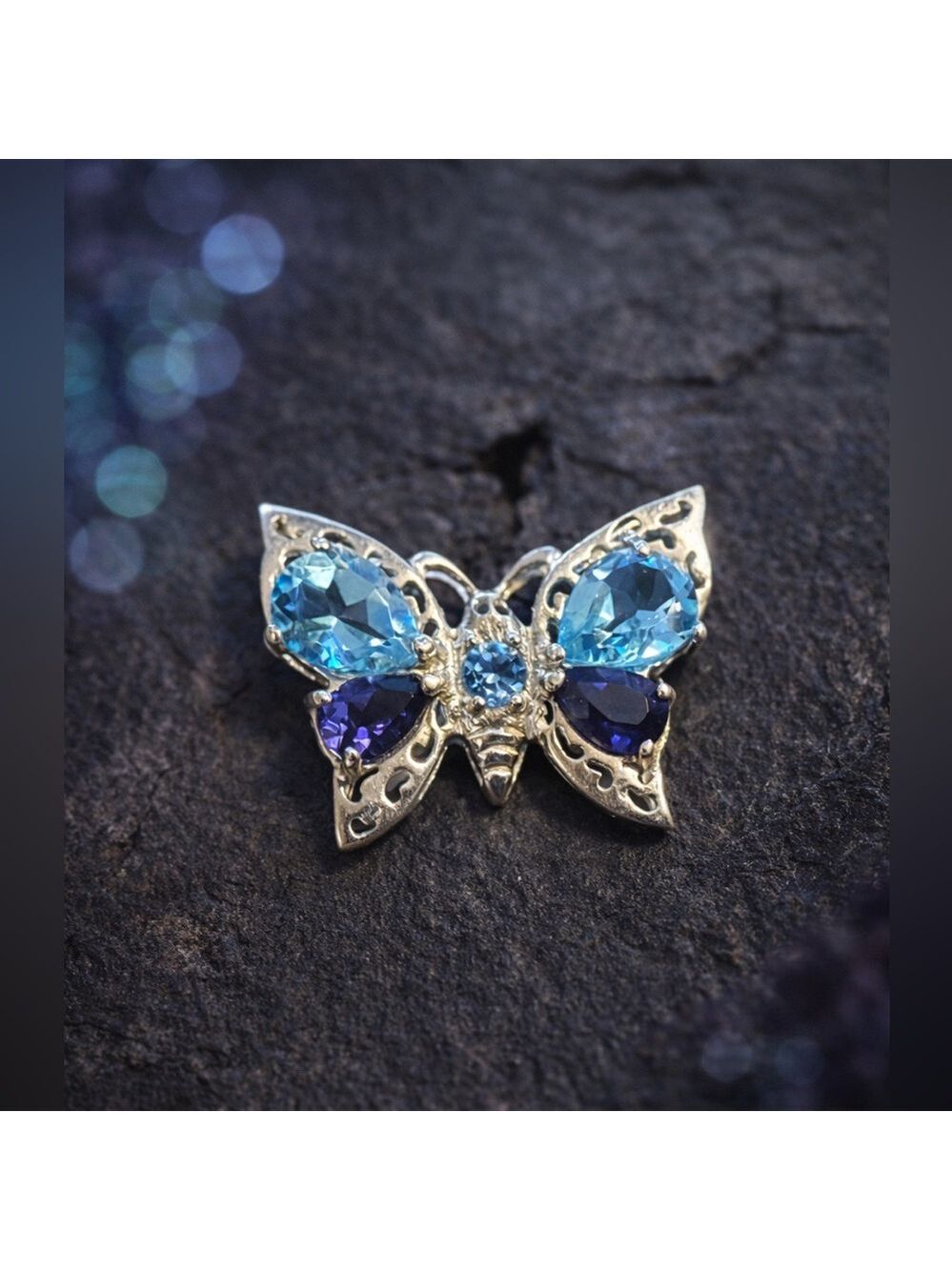 VINTAGE Sterling Silver 925 Genuine Blue Topaz Faux Amethyst Butterfly Pendant